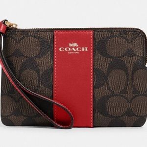 NWT Coach Corner Zip Wristlet In Signature Canvas with RED Stripe